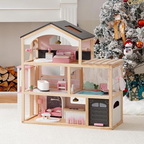 ROBUD Doll House, Wooden Dollhouse with 6 Rooms, 29-pcs Furniture Set, Working Elevator, Garage, Swimming Pool, Ideal Gift for Kids Ages 3+ (Pink) in Saudi Arabia