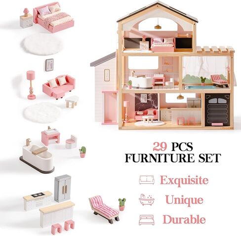 ROBUD Doll House, Wooden Dollhouse with 6 Rooms, 29-pcs Furniture Set, Working Elevator, Garage, Swimming Pool, Ideal Gift for Kids Ages 3+ (Pink) in Saudi Arabia