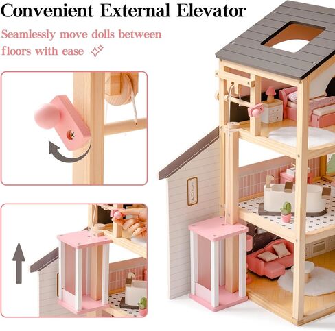 ROBUD Doll House, Wooden Dollhouse with 6 Rooms, 29-pcs Furniture Set, Working Elevator, Garage, Swimming Pool, Ideal Gift for Kids Ages 3+ (Pink) in Saudi Arabia
