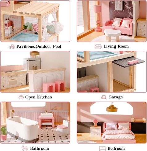 ROBUD Doll House, Wooden Dollhouse with 6 Rooms, 29-pcs Furniture Set, Working Elevator, Garage, Swimming Pool, Ideal Gift for Kids Ages 3+ (Pink) in Saudi Arabia