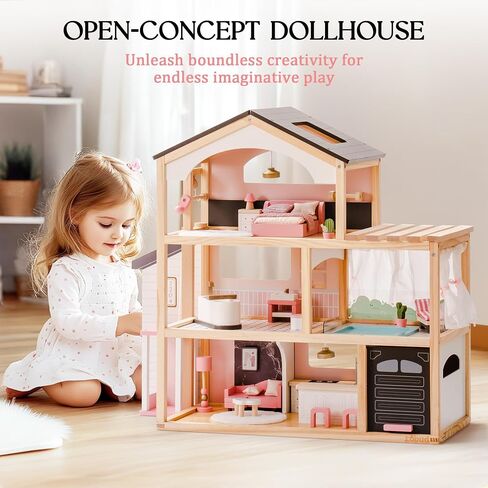 ROBUD Doll House, Wooden Dollhouse with 6 Rooms, 29-pcs Furniture Set, Working Elevator, Garage, Swimming Pool, Ideal Gift for Kids Ages 3+ (Pink) in Saudi Arabia