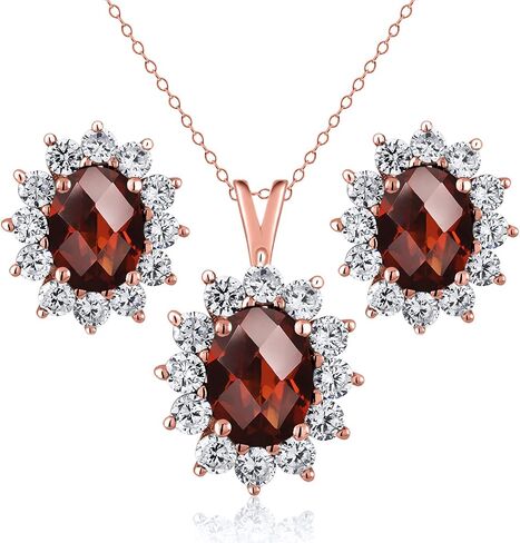 Gem Stone King 18K Yellow Gold Plated Silver Red Created Ruby Pendant and Earrings Jewelry Set For Women (3.55 Cttw, Gemstone July Birthstone, Oval 8X6MM and 7X5MM, with 18 Inch Silver Chain) in Saudi Arabia