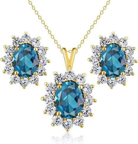 Gem Stone King 18K Yellow Gold Plated Silver Red Created Ruby Pendant and Earrings Jewelry Set For Women (3.55 Cttw, Gemstone July Birthstone, Oval 8X6MM and 7X5MM, with 18 Inch Silver Chain) in Saudi Arabia