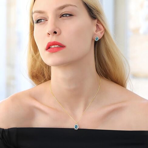 Gem Stone King 18K Yellow Gold Plated Silver Red Created Ruby Pendant and Earrings Jewelry Set For Women (3.55 Cttw, Gemstone July Birthstone, Oval 8X6MM and 7X5MM, with 18 Inch Silver Chain) in Saudi Arabia