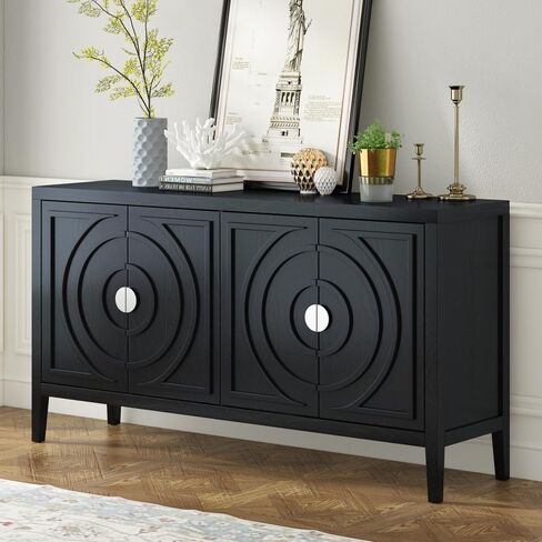 Retro Sideboard Door Cabinet with Circular Groove Design Round Metal Door Handle for Entrance, Dinning Room, Living Room (Black) in Saudi Arabia
