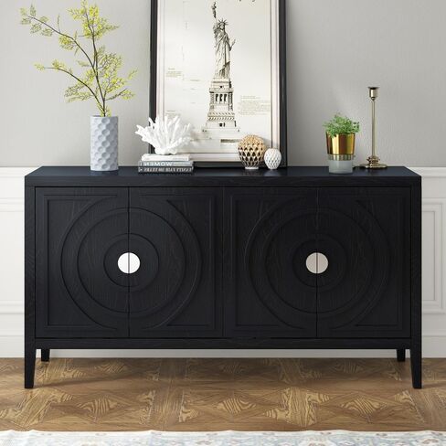 Retro Sideboard Door Cabinet with Circular Groove Design Round Metal Door Handle for Entrance, Dinning Room, Living Room (Black) in Saudi Arabia