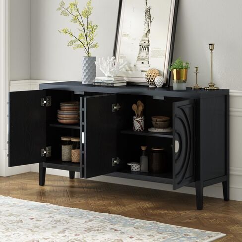 Retro Sideboard Door Cabinet with Circular Groove Design Round Metal Door Handle for Entrance, Dinning Room, Living Room (Black) in Saudi Arabia