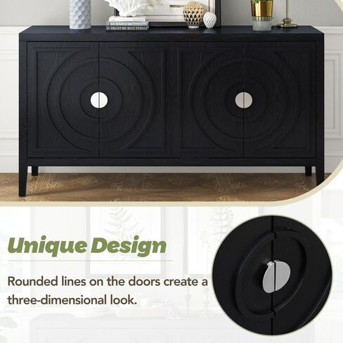 Retro Sideboard Door Cabinet with Circular Groove Design Round Metal Door Handle for Entrance, Dinning Room, Living Room (Black) in Saudi Arabia