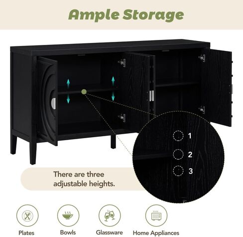 Retro Sideboard Door Cabinet with Circular Groove Design Round Metal Door Handle for Entrance, Dinning Room, Living Room (Black) in Saudi Arabia