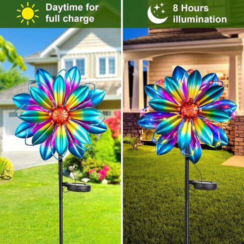 61'' Solar Wind Spinners for Yard and Garden - Large Metal Kinetic with Solar Powered LED Crackle Glass Globe, Vibrant Blue & Purple Gradient Lotus Flower Yard Art for Outdoor, Patio, Lawn Decor in Saudi Arabia