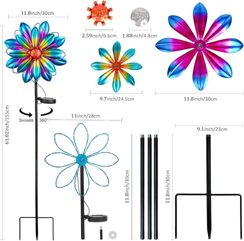 61'' Solar Wind Spinners for Yard and Garden - Large Metal Kinetic with Solar Powered LED Crackle Glass Globe, Vibrant Blue & Purple Gradient Lotus Flower Yard Art for Outdoor, Patio, Lawn Decor in Saudi Arabia