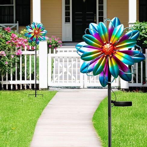 61'' Solar Wind Spinners for Yard and Garden - Large Metal Kinetic with Solar Powered LED Crackle Glass Globe, Vibrant Blue & Purple Gradient Lotus Flower Yard Art for Outdoor, Patio, Lawn Decor in Saudi Arabia