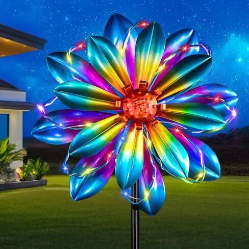 61'' Solar Wind Spinners for Yard and Garden - Large Metal Kinetic with Solar Powered LED Crackle Glass Globe, Vibrant Blue & Purple Gradient Lotus Flower Yard Art for Outdoor, Patio, Lawn Decor in Saudi Arabia