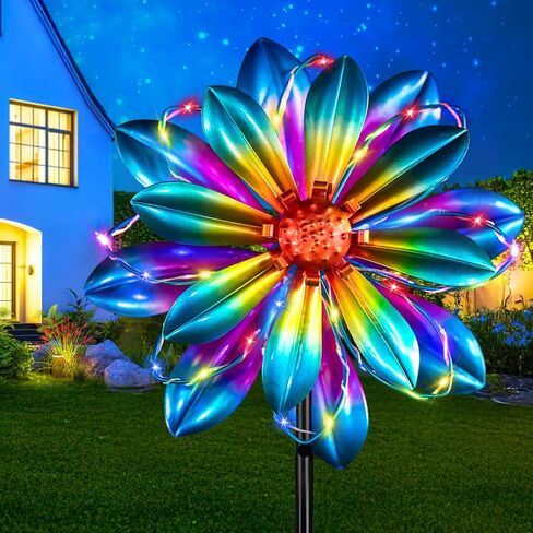 61'' Solar Wind Spinners for Yard and Garden - Large Metal Kinetic with Solar Powered LED Crackle Glass Globe, Vibrant Blue & Purple Gradient Lotus Flower Yard Art for Outdoor, Patio, Lawn Decor in Saudi Arabia