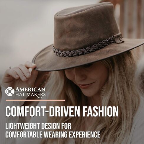 American Hat Makers Crusher Leather Australian Cowboy Outback Hat, UPF50 Wide Brim, Waterproof Oilskin, Crushable, Packable in Kuwait