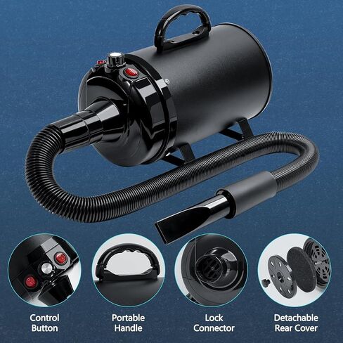 مجفف شعر الكلب عالي السرعة 5.2hp/ 3800W الكلاب المهنية مجفف المنفاخ ، درجة حرارة قابلة للتعديل وسرعة مجففات الحيوانات الأليفة مع 4 فوهات ومشط ، أسود in Kuwait