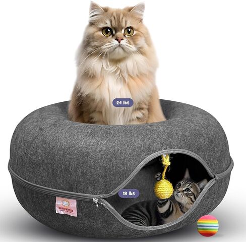 Peekaboo Cat Tunnel Bed with Hanging Ball Toy – Large Cat Tunnels for Indoor Cats up to 30lbs – Round Cat's cave Bed with Scratch-Resistant, Easy to Wash & Cozy Design (24x24x11, Dark Grey) in Saudi Arabia