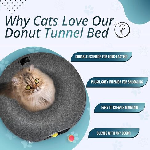 Peekaboo Cat Tunnel Bed with Hanging Ball Toy – Large Cat Tunnels for Indoor Cats up to 30lbs – Round Cat's cave Bed with Scratch-Resistant, Easy to Wash & Cozy Design (24x24x11, Dark Grey) in Saudi Arabia