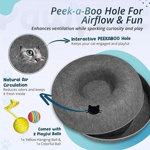 Peekaboo Cat Tunnel Bed with Hanging Ball Toy – Large Cat Tunnels for Indoor Cats up to 30lbs – Round Cat's cave Bed with Scratch-Resistant, Easy to Wash & Cozy Design (24x24x11, Dark Grey) in Saudi Arabia