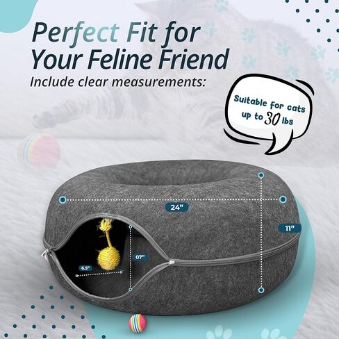 Peekaboo Cat Tunnel Bed with Hanging Ball Toy – Large Cat Tunnels for Indoor Cats up to 30lbs – Round Cat's cave Bed with Scratch-Resistant, Easy to Wash & Cozy Design (24x24x11, Dark Grey) in Saudi Arabia