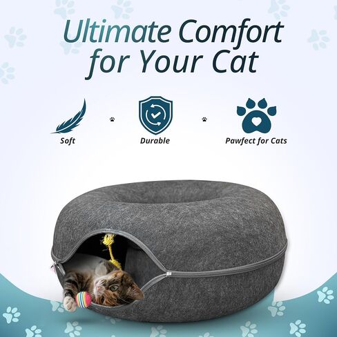 Peekaboo Cat Tunnel Bed with Hanging Ball Toy – Large Cat Tunnels for Indoor Cats up to 30lbs – Round Cat's cave Bed with Scratch-Resistant, Easy to Wash & Cozy Design (24x24x11, Dark Grey) in Saudi Arabia