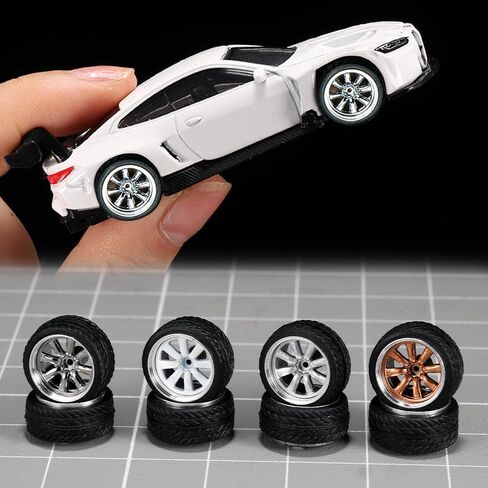 WAVEIST 1/64 Wheels and Tires,Real Riders Series,Upgrade Mainline Diecast Model Cars,Diameter is 0.43in, 4 Sets/pack,Lotus Spokes,ABS Wheels with Rubber Tire Rivet Axle Metal Rims(HW-A) in Kuwait