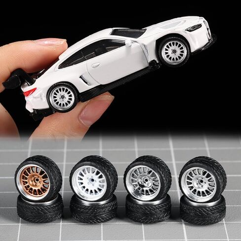 WAVEIST 1/64 Wheels and Tires,Real Riders Series,Upgrade Mainline Diecast Model Cars,Diameter is 0.43in, 4 Sets/pack,Lotus Spokes,ABS Wheels with Rubber Tire Rivet Axle Metal Rims(HW-A) in Kuwait