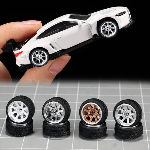 WAVEIST 1/64 Wheels and Tires,Real Riders Series,Upgrade Mainline Diecast Model Cars,Diameter is 0.43in, 4 Sets/pack,Lotus Spokes,ABS Wheels with Rubber Tire Rivet Axle Metal Rims(HW-A) in Kuwait