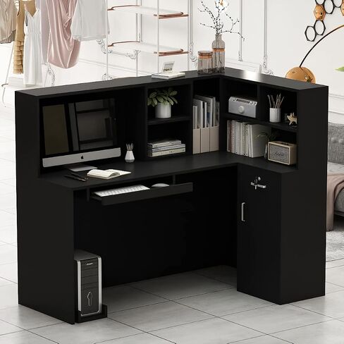 Reception Desk Reception Stations with Open Shelf & Drawers, L Shape Reception Table Wooden Computer Desk for Office Reception Room, Black in Saudi Arabia