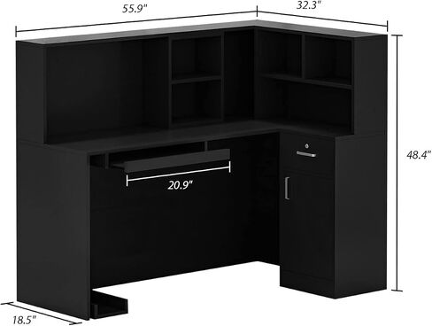 Reception Desk Reception Stations with Open Shelf & Drawers, L Shape Reception Table Wooden Computer Desk for Office Reception Room, Black in Saudi Arabia