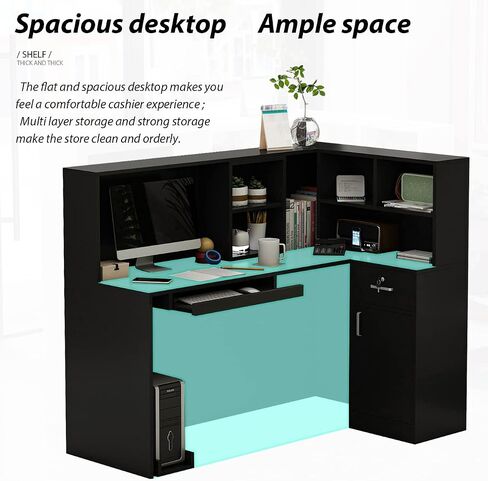 Reception Desk Reception Stations with Open Shelf & Drawers, L Shape Reception Table Wooden Computer Desk for Office Reception Room, Black in Saudi Arabia