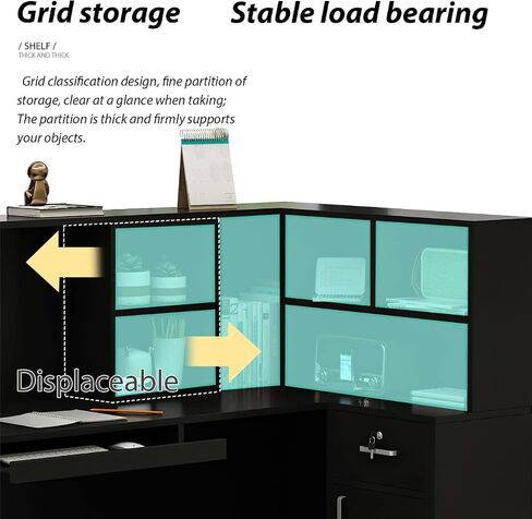 Reception Desk Reception Stations with Open Shelf & Drawers, L Shape Reception Table Wooden Computer Desk for Office Reception Room, Black in Saudi Arabia