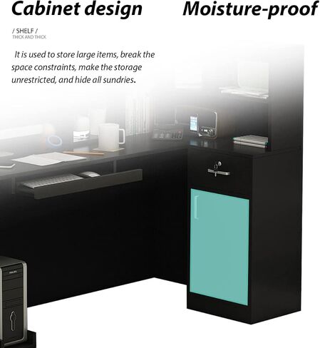 Reception Desk Reception Stations with Open Shelf & Drawers, L Shape Reception Table Wooden Computer Desk for Office Reception Room, Black in Saudi Arabia