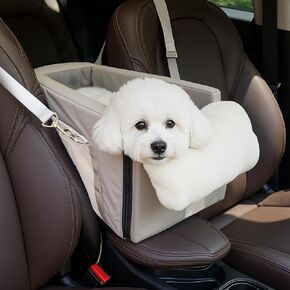 Center Console Dog Car Seat, Pet Puppy Car Seat for 15 lb, Middle Console Dog Armrest Booster Seat for Small Dogs, Leather Grey