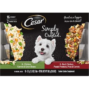 Cesar Simply Crafted Adult Wet Dog Food Meal Topper, Chicken, Carrots & Green Beans and Beef, Chicken, Purple Potatoes, Peas & Carrots Variety Pack, 1.3 oz. (16 Count, Pack of 1)
