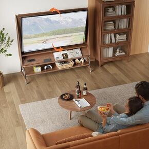 KungFuWood Soild Wood Rolling tv Stand with Wheels 40-60 Inch,Moving Media Console Tv Cart，Height Adjustable Monitor Floor Stand Mobile tv with Outlet and Shelves,Entertainment Center,Walnut