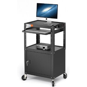Height Adjustable Steel Frame AV Cart with Keyboard Tray - Comes with Locking Cabinet and 5ft 9in Power Strip Black