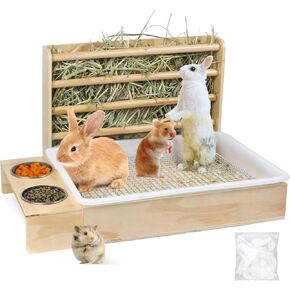 3 in 1 Rabbit Hay Feeder with Litter Box,Wooden Hay Feeder with 2 Bowls & Litter Box for Guinea Pig Chinchilla Bunny Other Small Animals (Basic Stand with Wire mesh and Plastic Bag)