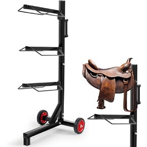 Abbylike 3 Tier Saddle Rack Stand with Wheels Portable Heavy Duty Saddle Pad Rack Horse Tack Storage for English Western Horses Blanket Stall Supplies Accessories