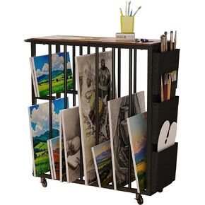 Large Art Storage Rack with Wheels and Handle,Metal Art Storage Organizer with Side Pockets,Art Display Stands Drying Painting for Canvas,Frame,Drawing Board,Gallery,Artworks (Brown)