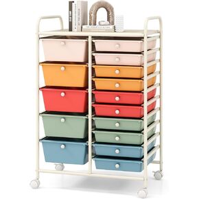 COSTWAY 15 Drawers Storage Cart, Multipurpose Rolling Utility Cart on Wheels w/Lockable Wheels & Removable Drawers, Mobile Tools Scrapbook Paper Organizer Cart for Office School Home, Macaron