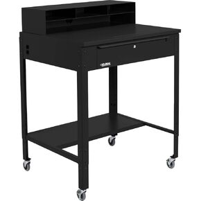 Global Industrial 34-1/2"W x 30" D x 38" H Mobile Shop Desk with Pigeonhole Compartment Riser Flat Surface, Black