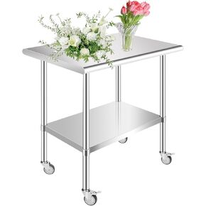 Stainless Steel Table with Wheels 30 x 24 Inches Casters Heavy Duty Commercial Work & Prep Table with Undershelf for Restaurant Kitchen Bar and Hotel Garage