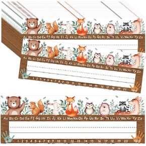 50pcs Woodland Friends Nameplate مخطوطة تقليدية مسطحة اليسار أو اليمين الأبجدية العلامات مع نقاط لاصقة الفصول الدراسية لوحة مسطحة لمكاتب طالب المدرسة إمداد المخلوقات الغابات المخلوقات