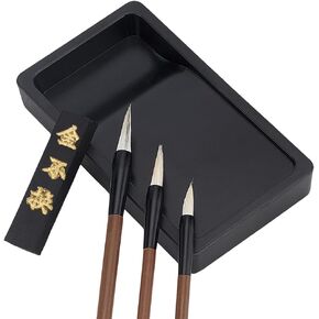 WEBEEDY 5 Pcs Chinese Calligraphy Ink Stone and Stick Set with Brush for Adult, Sumi Drawing Ink Dish Tray for Chinese Calligraphy Writing Practice Painting Supplies (3 Size Brushes)