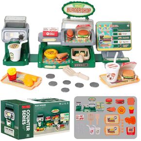 Toy Cash Register for Kids 35PCS Play Cash Register Toys Play Store with Beverage Machine Hamburger Sandwich Fries Egg Tart Play Money Food Toys Gift for Toddlers Boys Girls Aged 3+