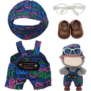 Doll Clothes for 17cm Doll, Blue Outfits Set Including Hat, Glasses, Overalls & Shoes, Designer Clothing Accessories for Dress up Unique Style, No Doll Included