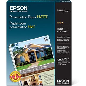 Epson S041062 Matte Presentation Paper, 27 lbs., Matte, 8-1/2 x 11 (Pack of 100 Sheets),White