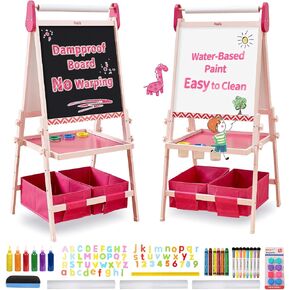 FUNLIO Anti-Warping Kids Art Easel, 3 Height Adjustable for Kids Aged 2-8, All-in-One Toddler Easel with Paper Roll & Erasable Frame, Standing Easel with Magnetic Chalkboard/Whiteboard (Blue)