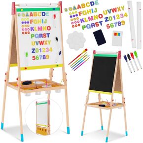 Wooden Art Easel for Kids- Foldable Kids Easel with Paper Roll, Magnetic and Chalkboard Side - Children Drawing Stand Accessories, All-in-One Painting Board for Toddler Development